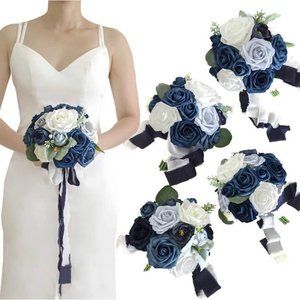 Set of 4 Dusty Blue Navy White Rose Bridesmaid Eucalyptus Leaves Wedding 7 Inch
